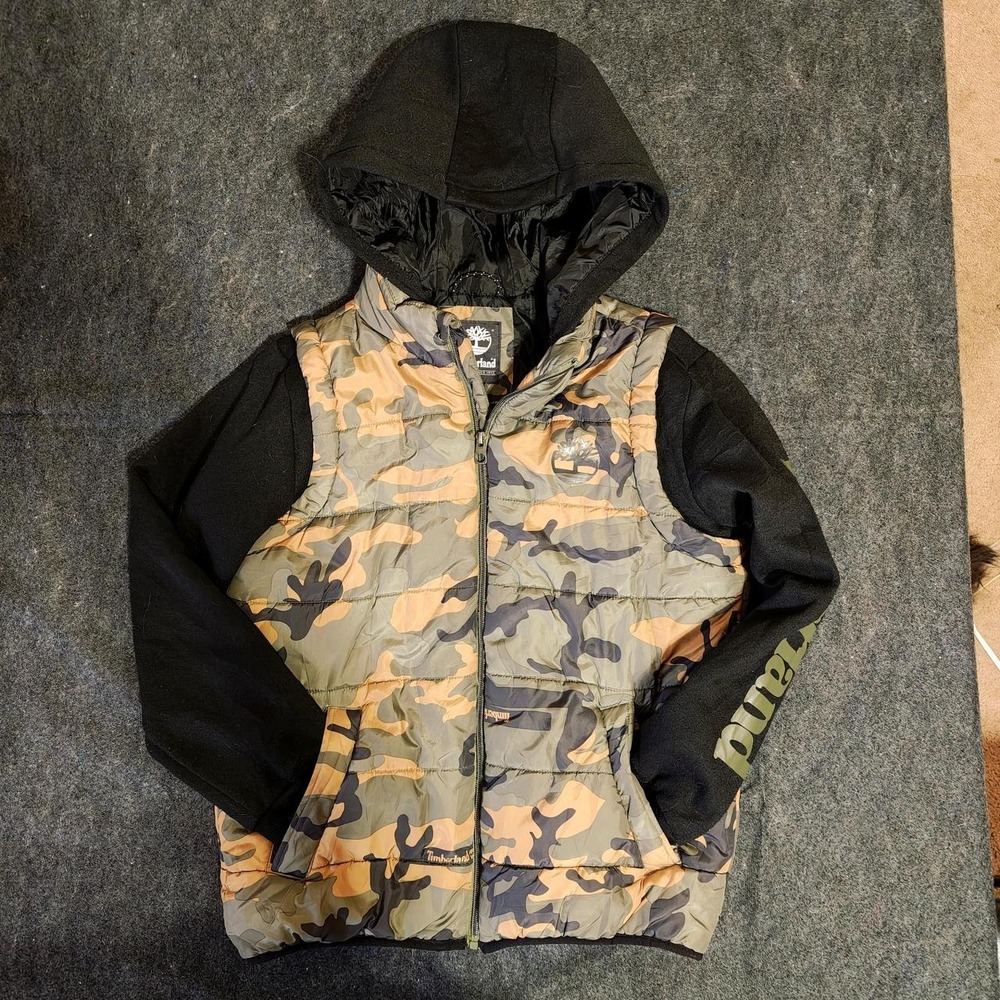 Timberland Boys Woodland Camo Hooded Puffer Jacket Fleece Sleeves L 14/16